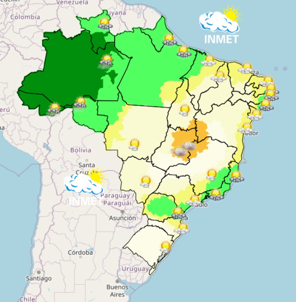 Mapa mostra previsão de chuva para esta sexta (12) em todo o Brasil. — Foto: Inmet/Reprodução