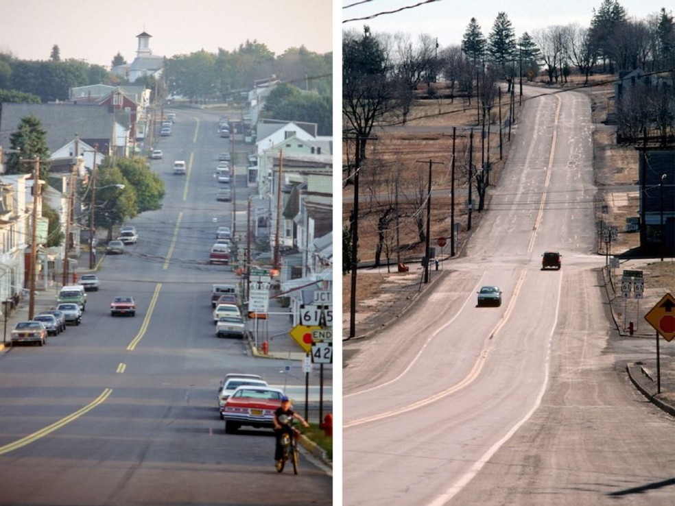 Imagem mostra o antes e o depois da cidade de Centralia, nos Estados Unidos — Foto: David DeKok/Centralia Photo Archive