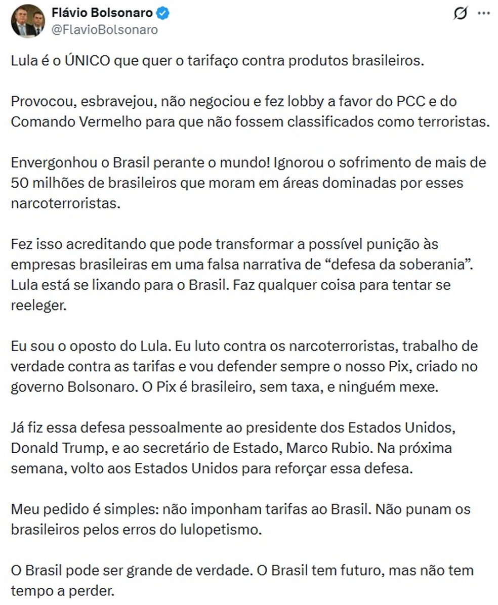Fl&aacute;vio Bolsonaro rebate Lula sobre novo tarifa&ccedil;o prometido pelos EUA &mdash; Foto: Reprodu&ccedil;&atilde;o