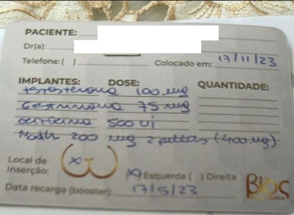 prescrição do pellet/implante hormonal — Foto: Arquivo Pessoal