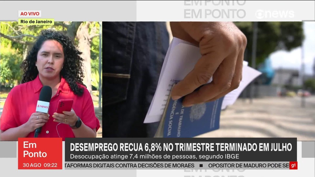 Desemprego cai a 6,8% no trimestre terminado em julho, diz IBGE