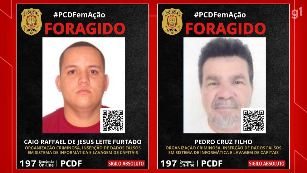 Também são procurados pela PCDF Caio Raffael Furtado e Pedro Cruz Filho. — Foto: PCDF/Divulgação