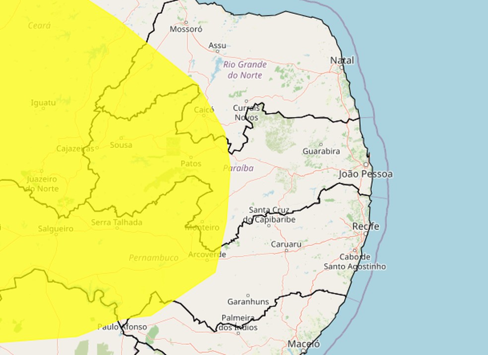 Alerta amarelo de baixa umidade do ar para a Paraíba — Foto: Reprodução Inmet.