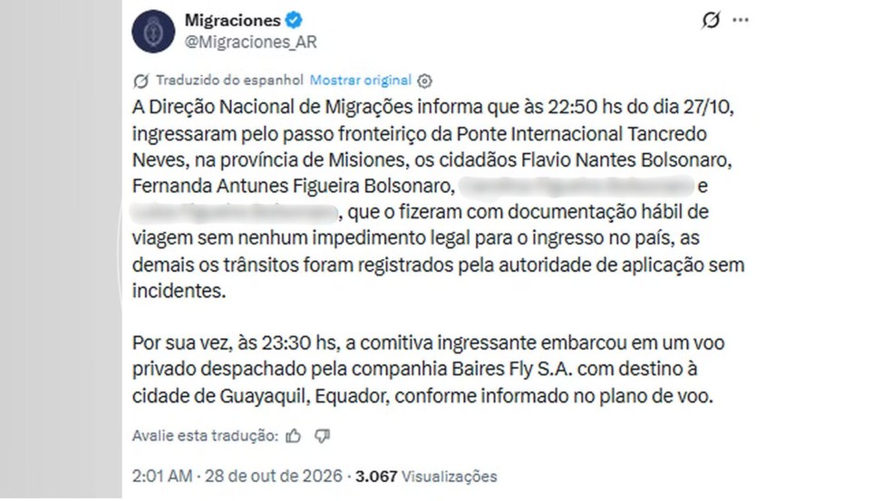 Governo argentino confirmou passagem da família — Foto: Reprodução/ Redes sociais
