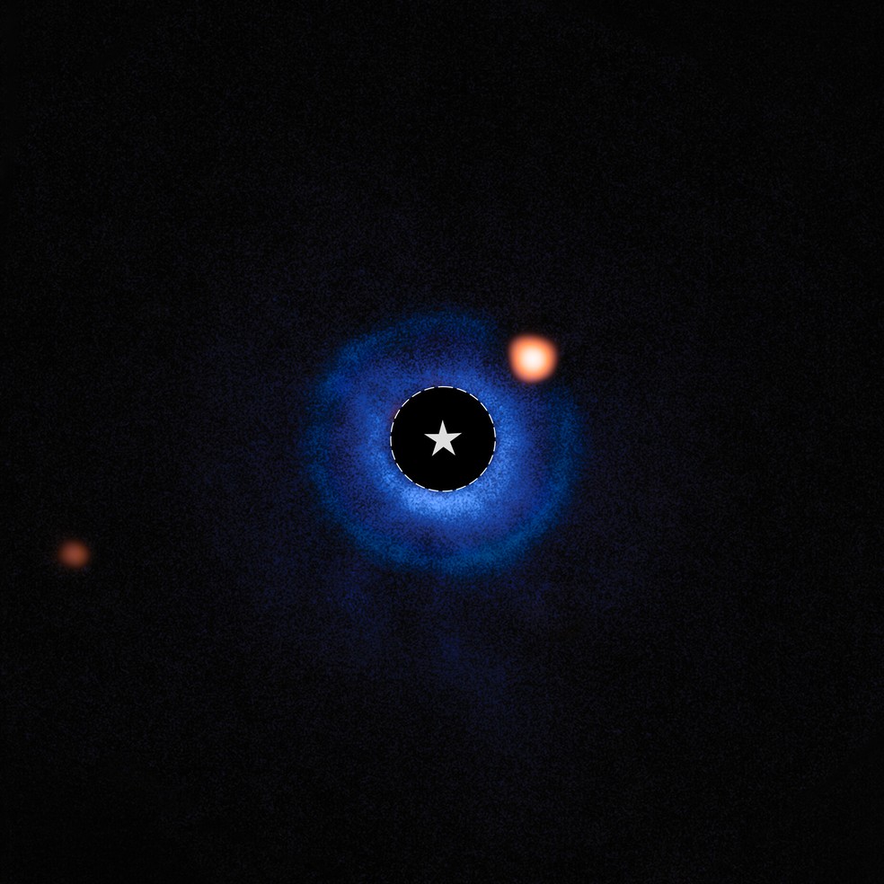 Primeira foto direta do exoplaneta TWA 7b (mancha laranja) capturada pelo telescópio James Webb. Imagem utilizou técnica especial que "esconde" a luz da estrela próxima ao corpo celeste. — Foto: ESA