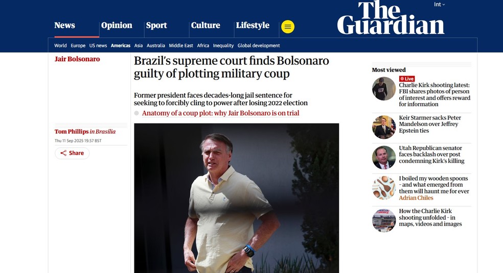 The Guardian repercute a formação de maioria no STF para condenação de Bolsonaro. — Foto: Reprodução/ The Guardian