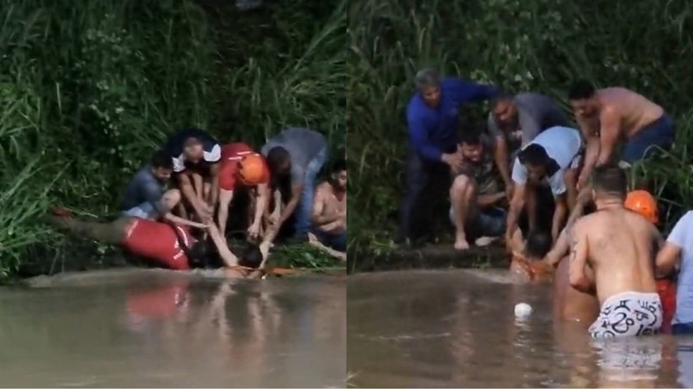 Homem foi resgatado por populares e Corpo de Bombeiros após cair em bueiro de Caucaia. — Foto: Reprodução