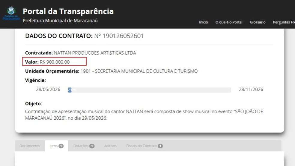 Veja quanto custou show de Nattan em Maracanaú. — Foto: Reprodução/Prefeitura de Maracanaú