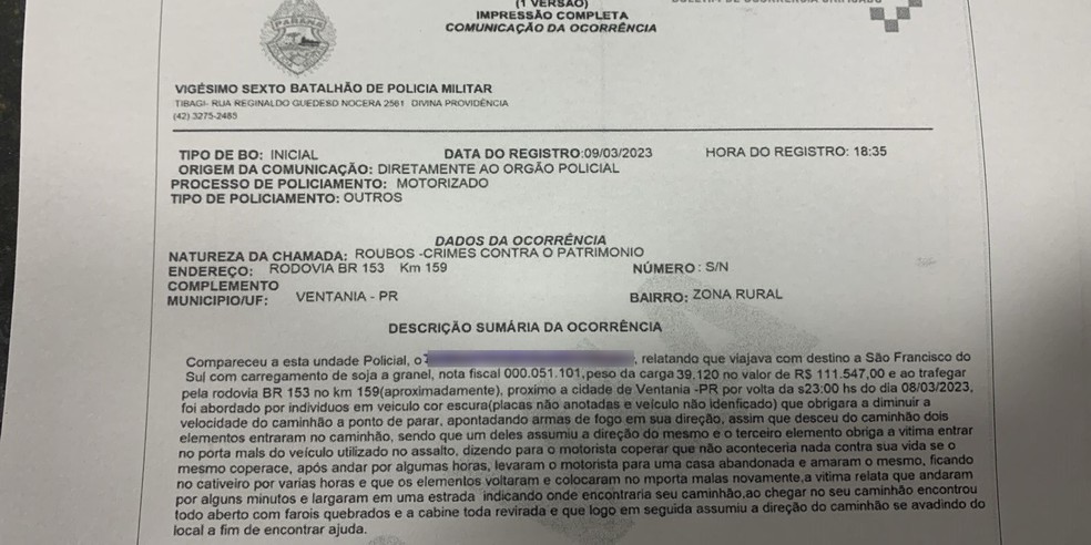 Um dos boletins de ocorrência falsos que foram usados. — Foto: PC-PR