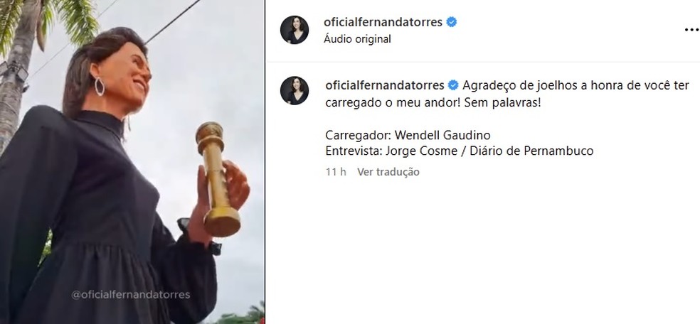 Fernanda Torres agradece por boneca gigante feita em homenagem a ela no carnaval de Olinda — Foto: Reprodução/Instagram