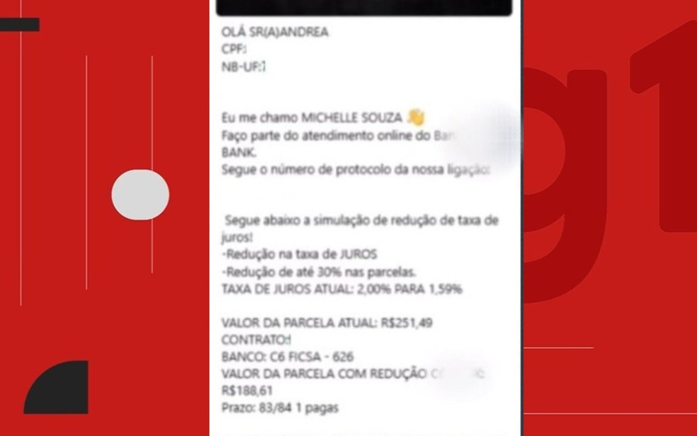 Mensagem enviada para a vítima — Foto: Reprodução/TV Bahia