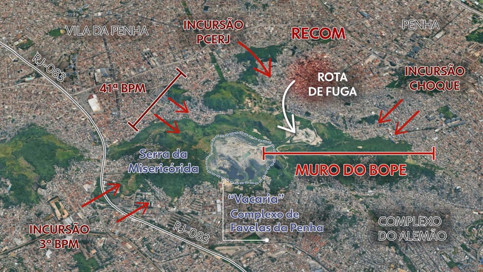 'Muro do Bope': mapa mostra estratégia da polícia do Rio em megaoperação. — Foto: Arte/g1