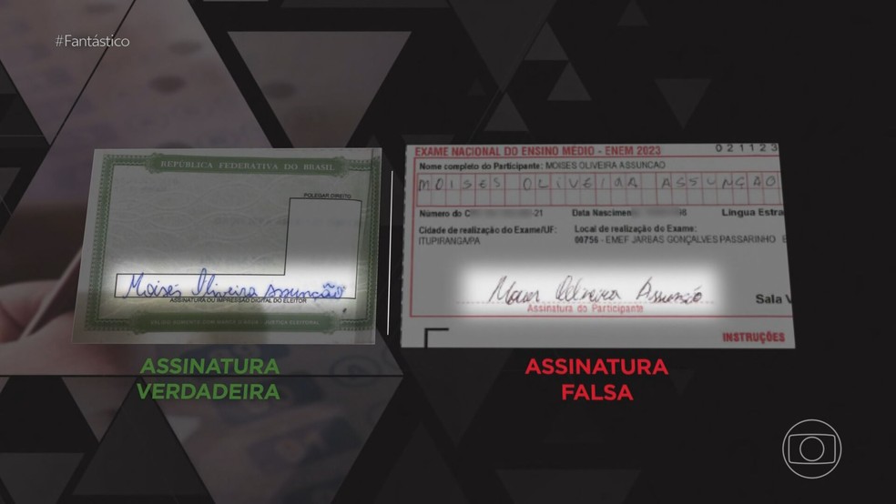 A fraude foi descoberta após duas denúncias anônimas: as assinaturas foram analisadas e os peritos também compararam os padrões de caligrafia — Foto: Reprodução/ TV GLobo