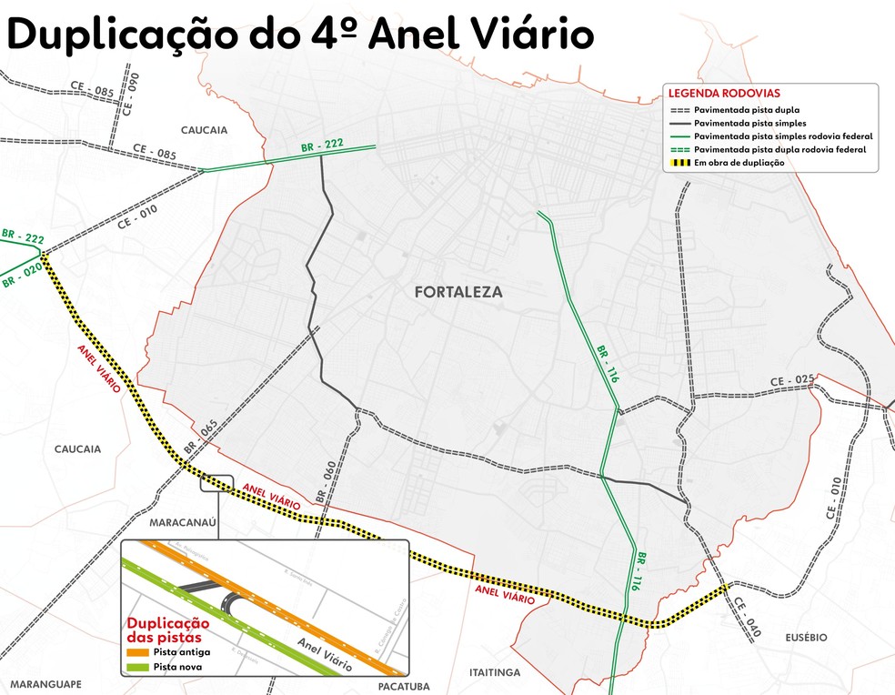 Obras de duplicação do 4º Anel Viário acontecem na área tracejada de amarelo — Foto: Louise Anna/SVM