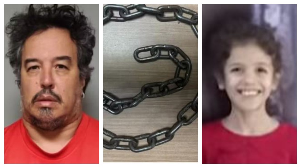 Chris Douglas (à esquerda) foi preso por suspeita de torturar e matar o filho Kratos (à direita). Segundo a polícia, homem admitiu que acorrentava a criança — Foto: Reprodução