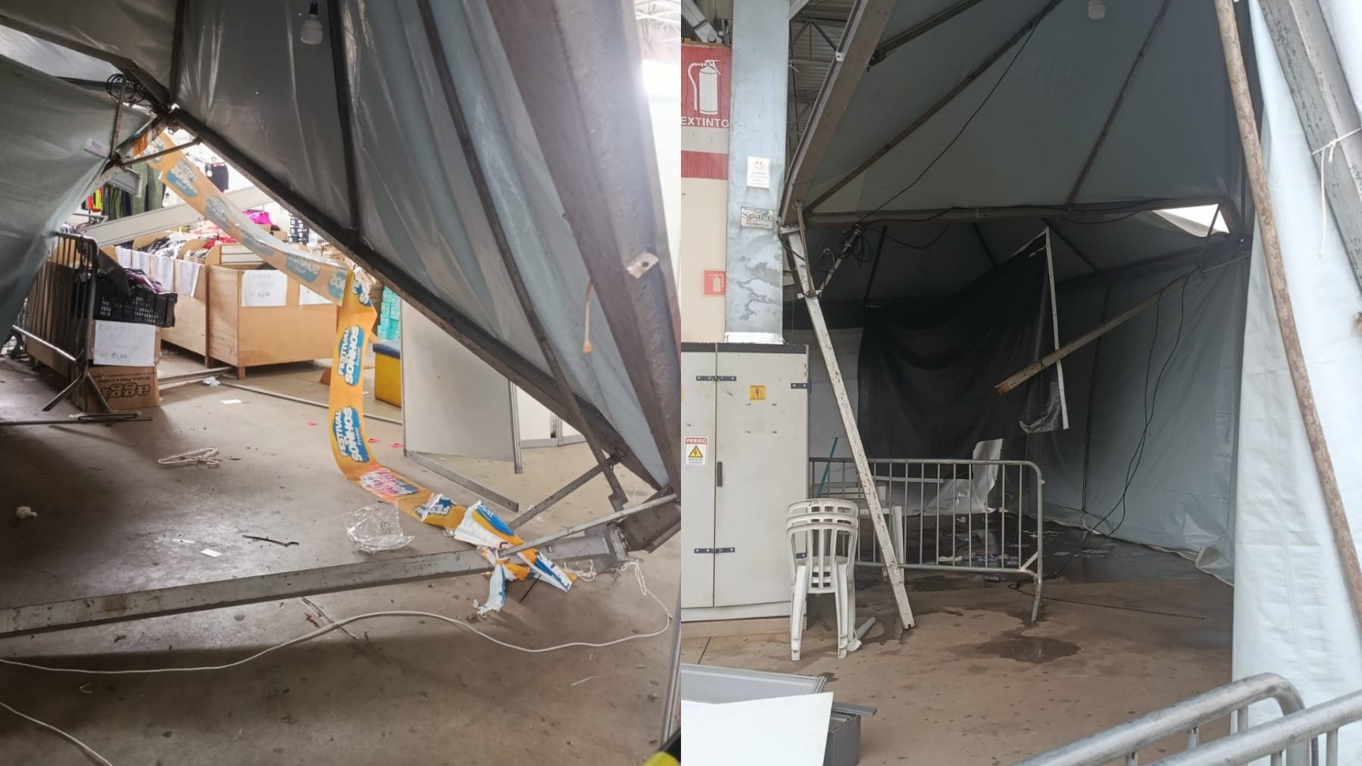 Vento forte danifica estrutura de feirão tradicional e destelha base dos Bombeiros no interior de SP