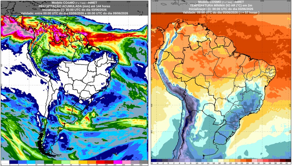 Modelos meteorológicos mostram a previsão do acumulado de chuvas e das temperaturas para os próximos dias. — Foto: Inmet