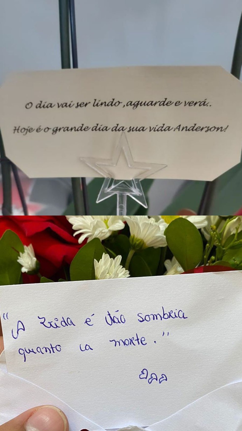 Presentes de floricultura que o jovem recebeu com mensagens subliminares — Foto: Reprodução/Arquivo pessoal