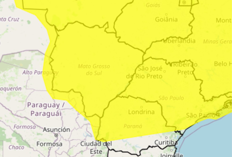 Alerta prev&ecirc; chuva de at&eacute; 50 mil&iacute;metros por dia, al&eacute;m de ventos intensos entre 40 e 60 km/h. &mdash; Foto: Inmet