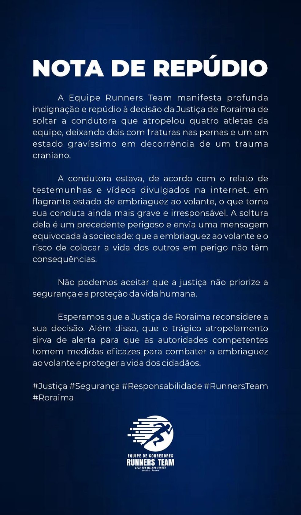 Nota de rep&uacute;dio da Runners Team &mdash; Foto: Reprodu&ccedil;&atilde;o