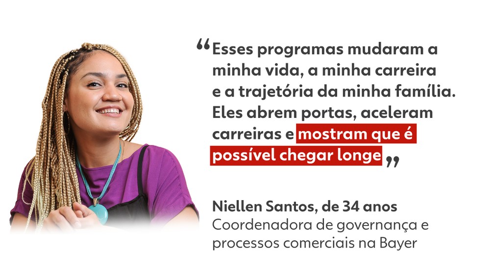 Niellen Santos, coordenadora de governança e processos comerciais na Bayer, sobre os programas de diversidade. — Foto: Arte g1