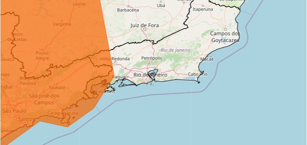 Mapa de alerta de perigo em oito cidades do Sul do Rio e Costa Verde — Foto: Reprodução/Inmet
