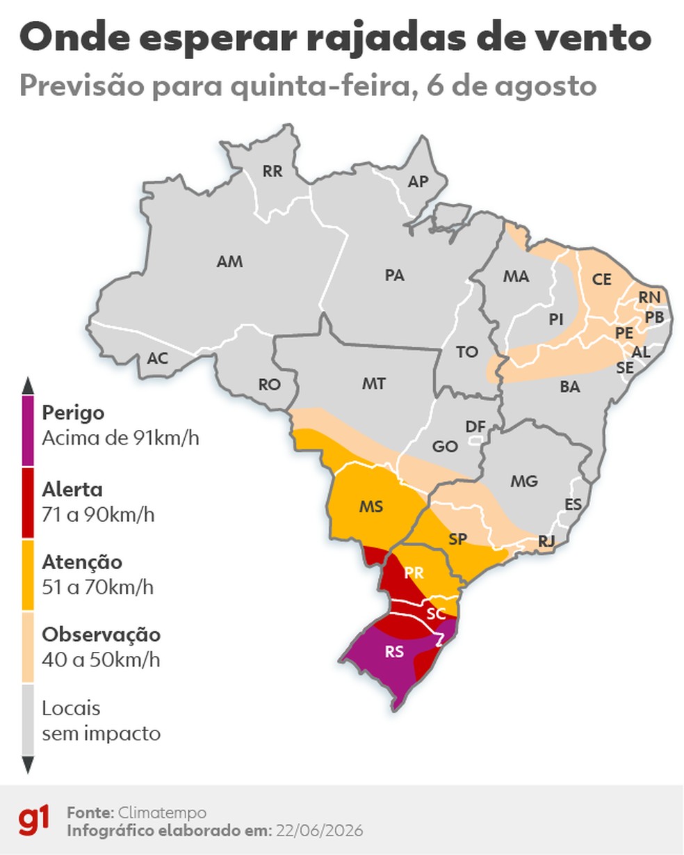 Onde esperar os fortes ventos na quinta. — Foto: Arte/g1