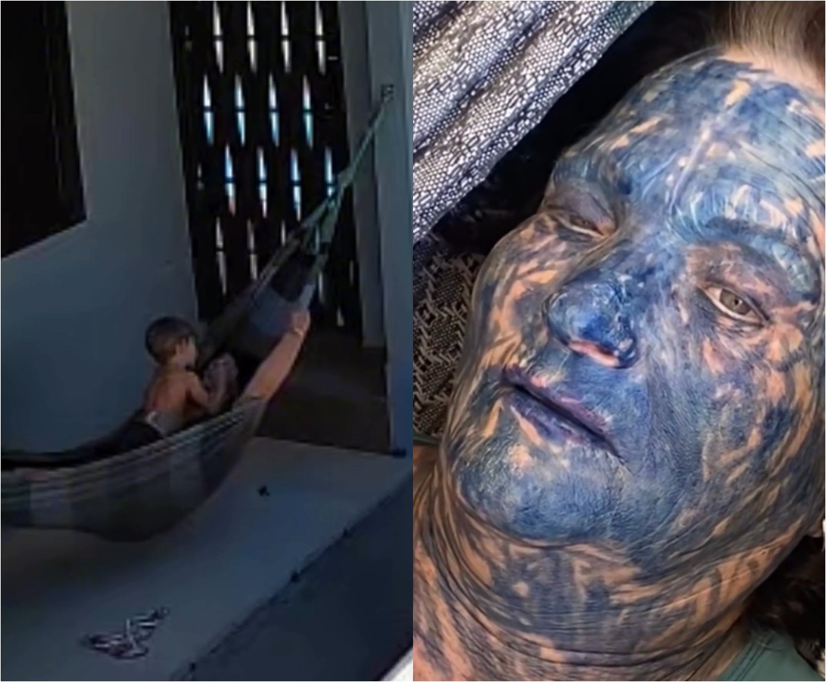 Menino pinta rosto da avó com tinta azul durante cochilo de 1 hora e vídeo viraliza: 'Avótar'