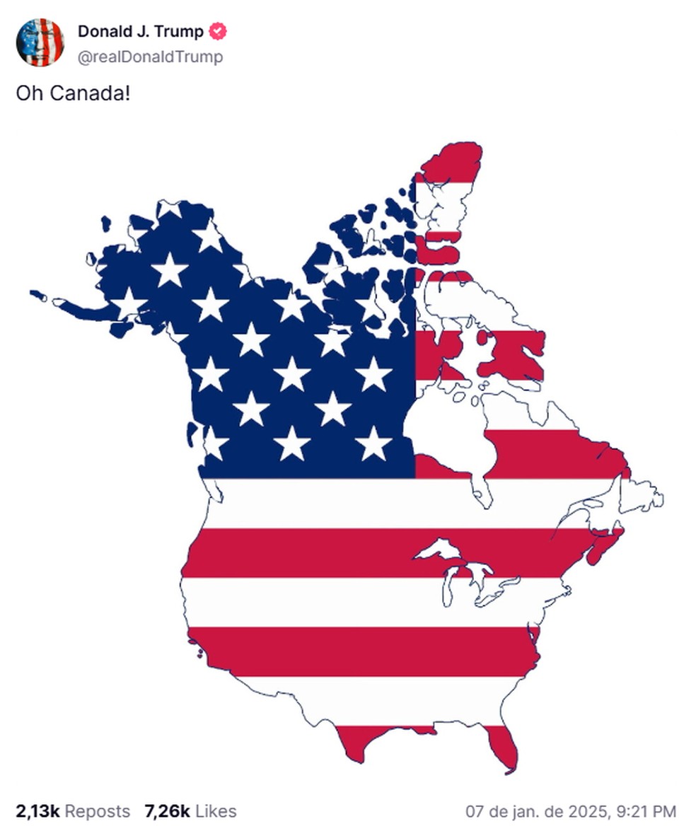 Trump publica mapa dos Estados Unidos incorporando o território do Canadá — Foto: Reprodução