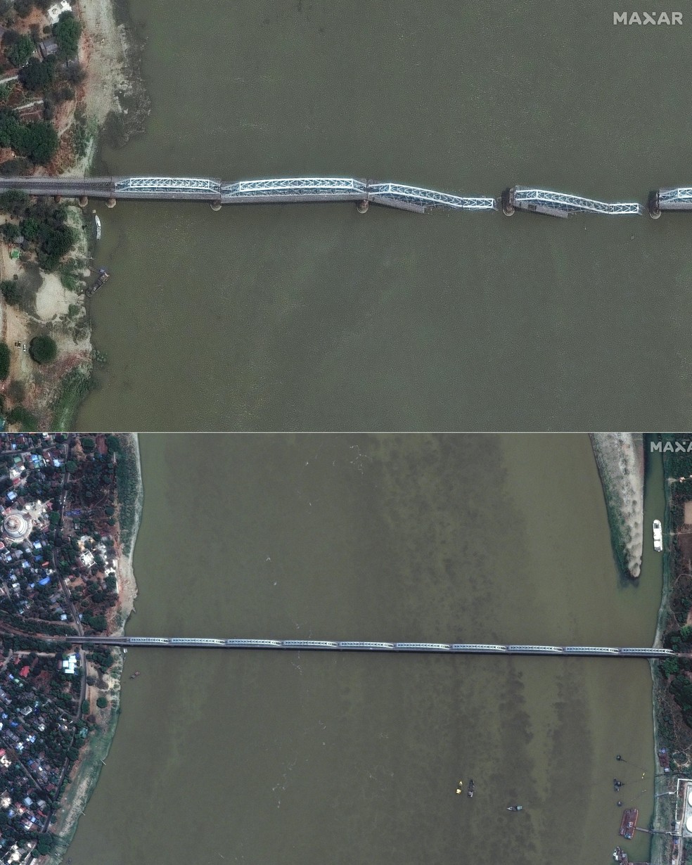 Esta combinação de imagens de satélite divulgadas pela Maxar Technologies em 29 de março de 2025 mostra a Ponte Inwa desabada (em cima) sobre o Rio Irauádi, perto de Mandalay, Mianmar, após o terremoto de 27 de março de 2025, e a mesma ponte em 23 de março (em baixo). — Foto: Handout / Satellite image ©2025 Maxar Technologies / AFP