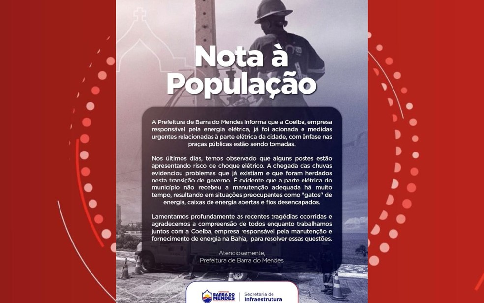 Prefeitura divulgou nota falando sobre rede elétrica do município — Foto: Reprodução/Redes Sociais
