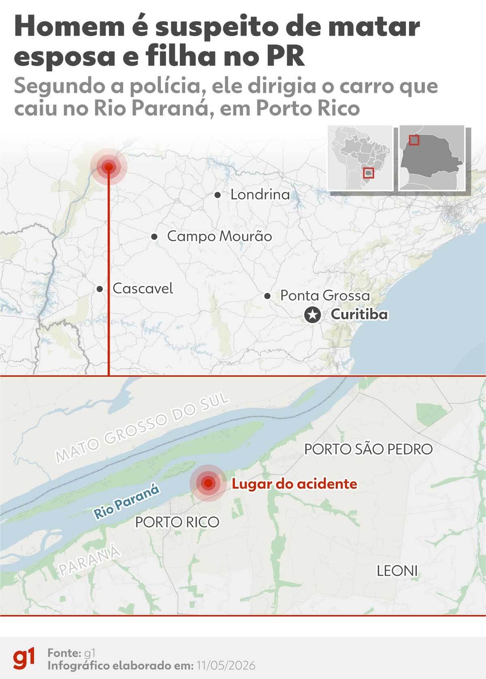 Infográfico - Local onde carro com mãe e filha mortas foi encontrado submerso no Rio Paraná, em Porto Rico. — Foto: Arte/g1