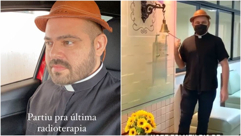 Em agosto de 2021, padre Ronney fez a última de 15 sessões de radioterapia e tocou o "Sino da Vitória", que representa a conclusão do tratamento. — Foto: Instagram/ Reprodução