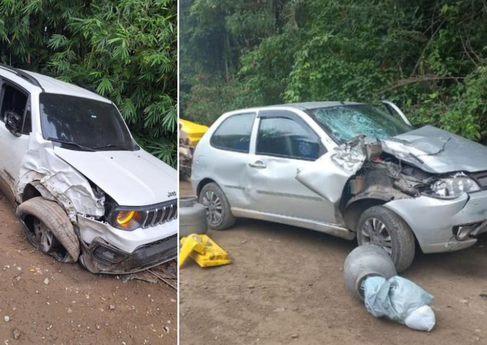 Veículo roubado atingiu motociclista e um outro carro durante fuga em Mongaguá — Foto: Reprodução