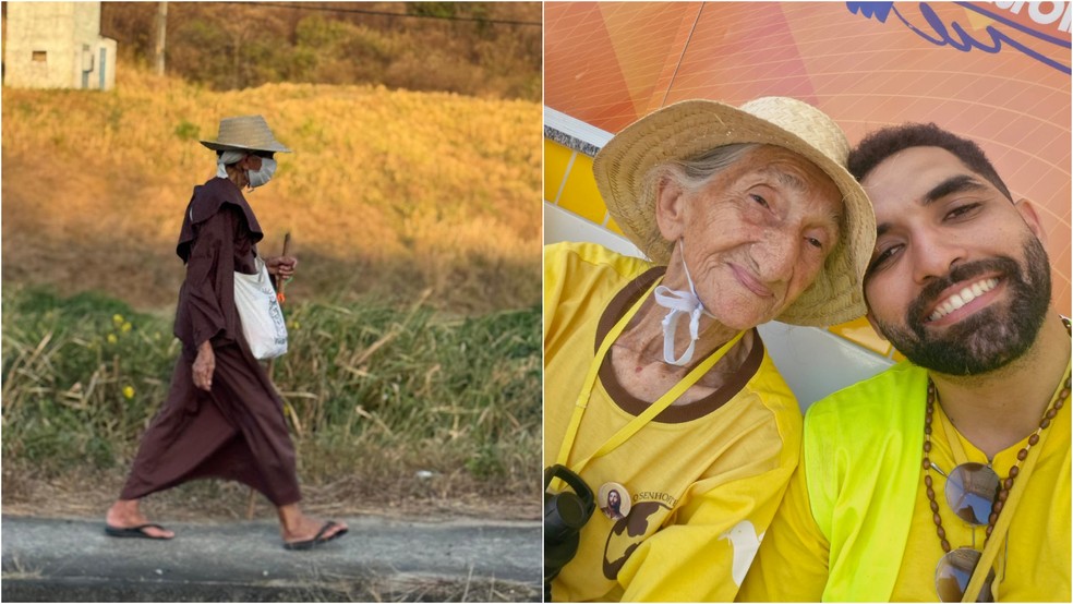 Dona Lurdinha caminha 130 km, entre Fortaleza e Canindé, com chinelos. Lucas Braga é o coordenador da romaria. — Foto: Arquivo pessoal.