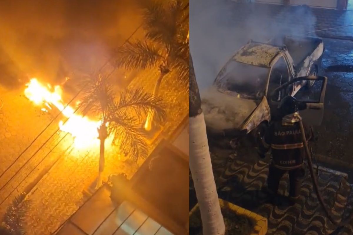 Motorista nota fumaça, abandona carro na rua e veículo é destruído pelo fogo em Praia Grande; VÍDEO