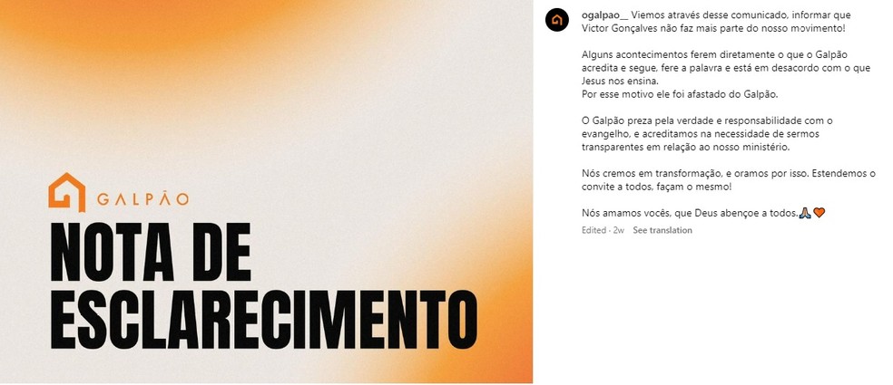 Comunicado do grupo Galpão anunciando a saída de Victor de Paula Gonçalves, o Victor Bonato, da entidade. — Foto: Reprodução