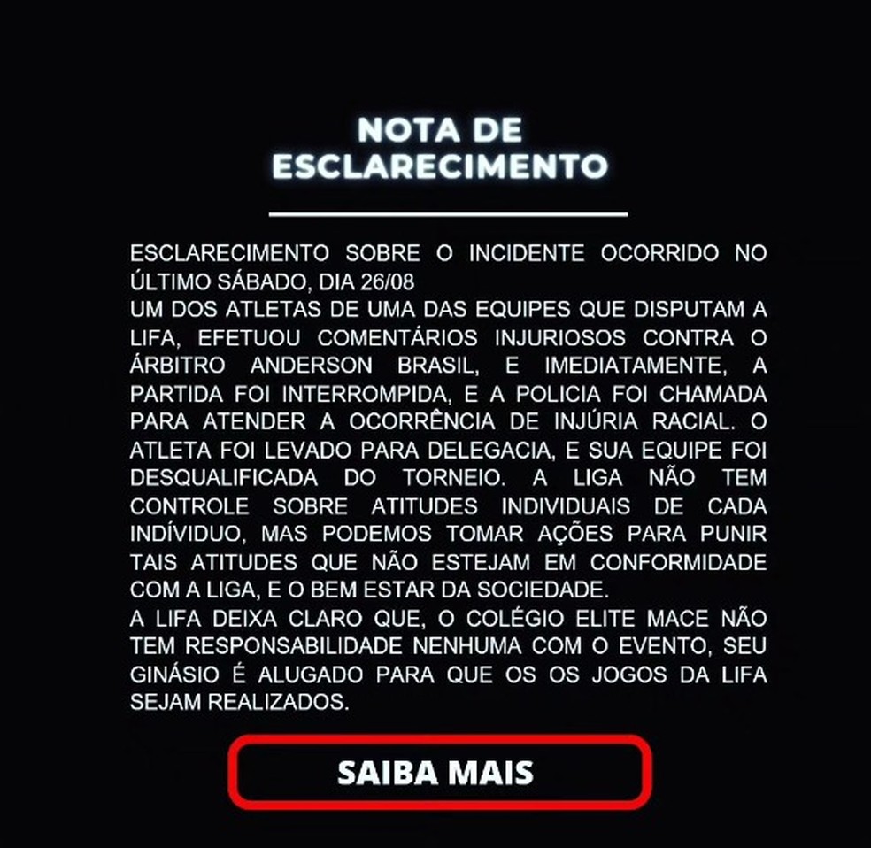 Nas redes sociais, a Lifa esclareceu o ocorrido no fim de semana. — Foto: Redes sociais