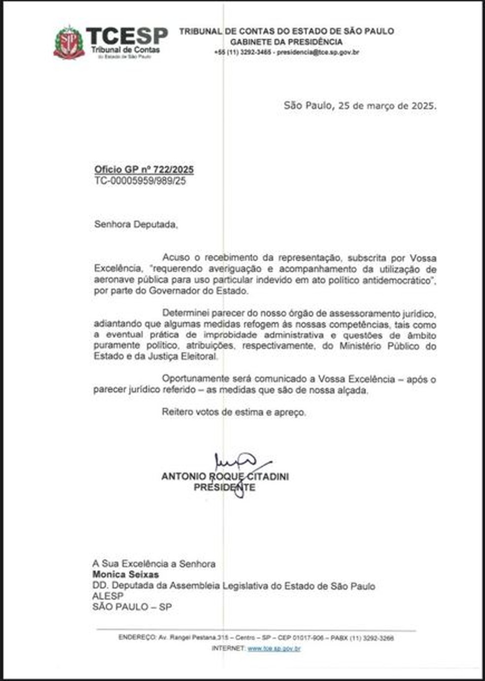 Ofício do presidente do TCE-SP à deputada estadual Mônica Seixas (PSOL). — Foto: Reprodução