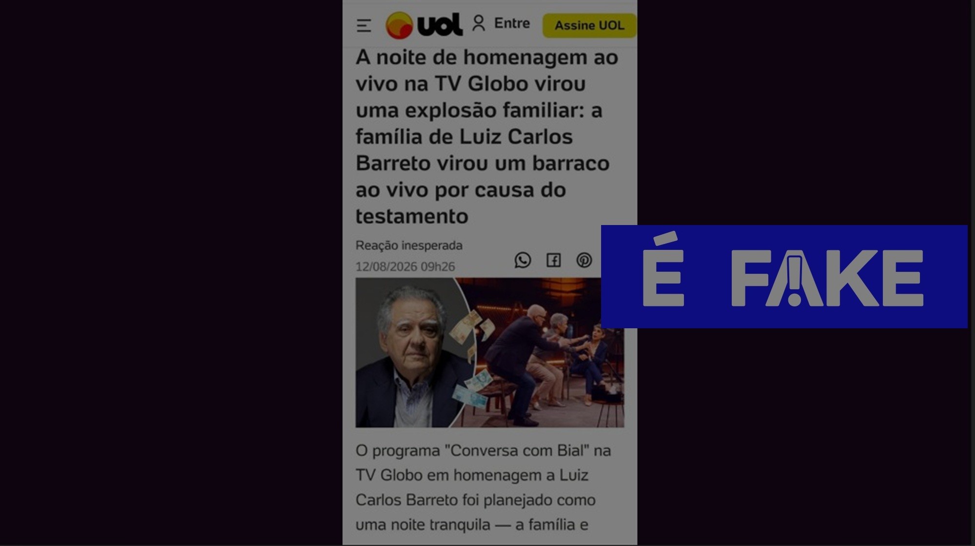 É #FAKE que família de Luiz Carlos Barreto brigou na TV por causa de testamento; site falso impulsiona plataforma de criptomoeda