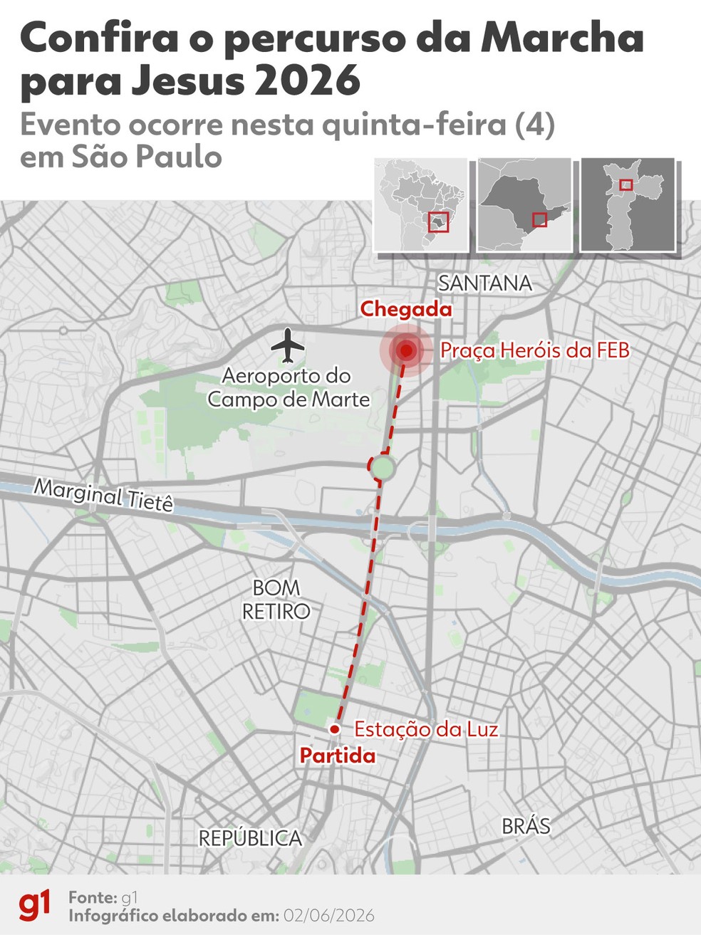Confira o percurso da Marcha para Jesus 2026 — Foto: Arte/g1