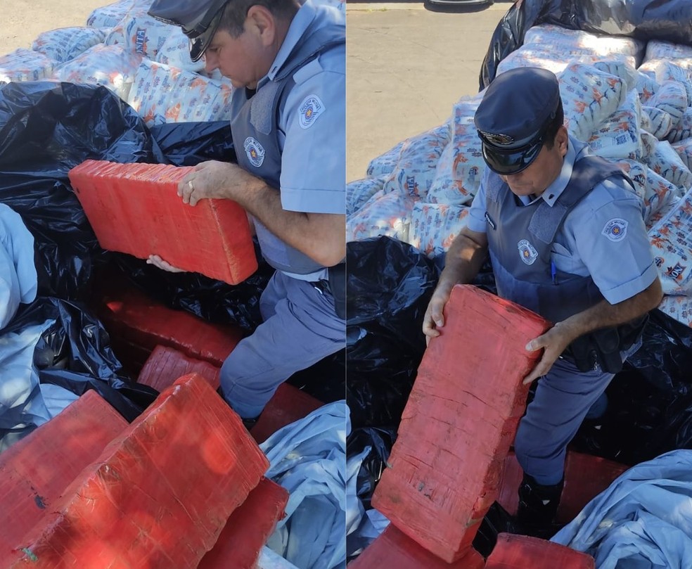 Tijolos da droga foram encontrados em meio a carga de farinha de trigo em Paraguaçu Paulista — Foto: Polícia Rodoviária/Divulgação