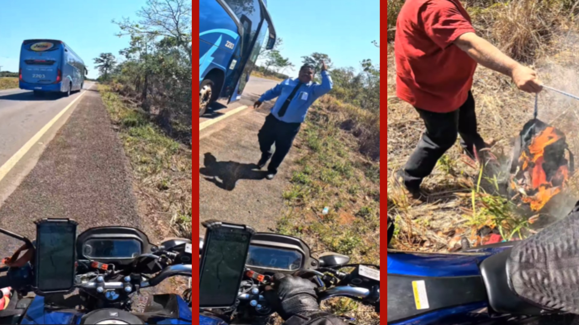 VÍDEO: motorista de ônibus 'fecha' piloto em estrada de MT para alertar sobre moto em chamas