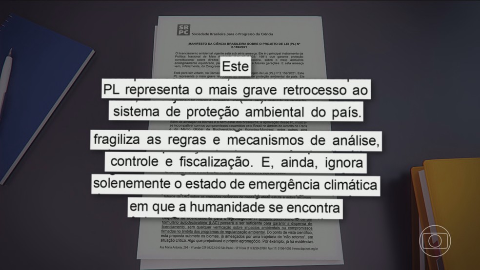 Cientistas divulgam manifesto contra afrouxamento da lei de licenciamento ambiental que tramita na Câmara — Foto: Jornal Nacional/ Reprodução