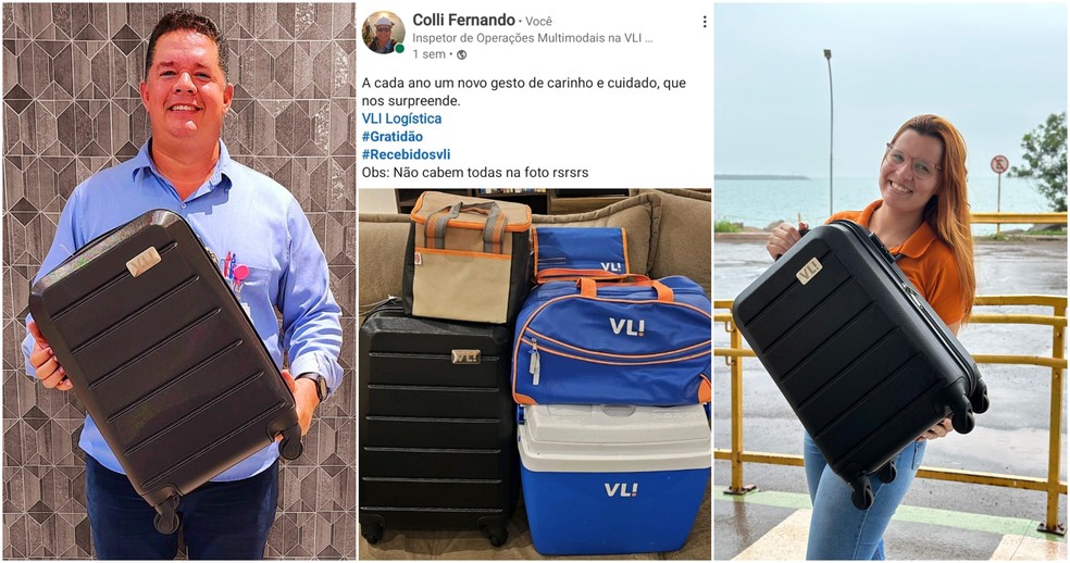 Funcionários da VLI Logística mostram a cesta de Natal que receberam — Foto: Divulgação/Reprodução/VLI Logística