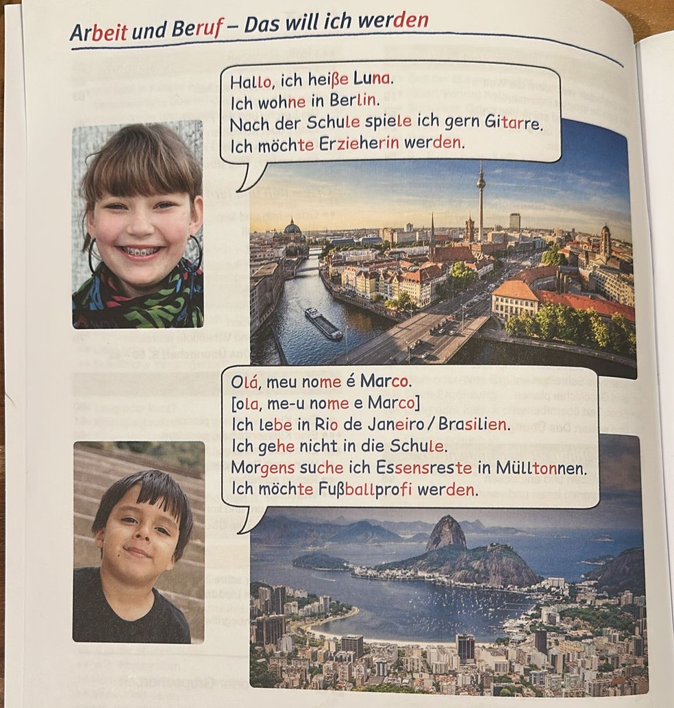 “Olá, meu nome é Marco. Eu moro no Rio de Janeiro/brasileiro. Eu não vou à escola. De manhã procuro restos de comida nas latas de lixo. Quero me tornar um jogador de futebol profissional”. — Foto: Reprodução