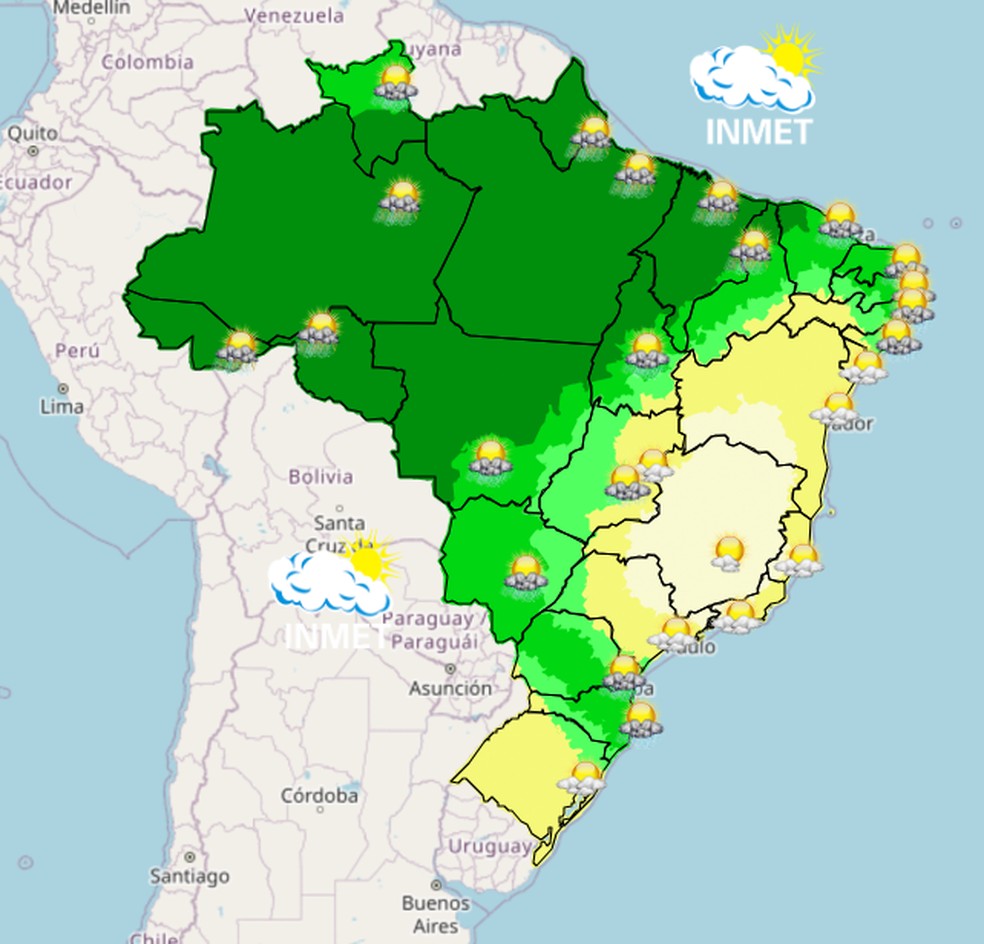 Mapa mostra previsão de chuva para esta sexta (17) em todo o Brasil. — Foto: Inmet/Reprodução