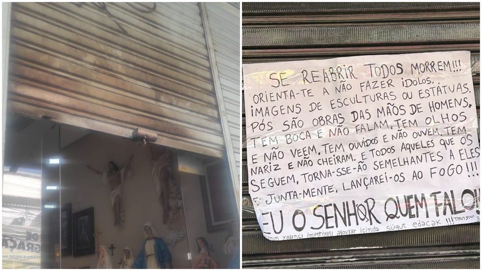 Loja de artigos católicos foi atacada com item inflamável no Centro de Fortaleza; porta ficou chamuscada — Foto: Reprodução
