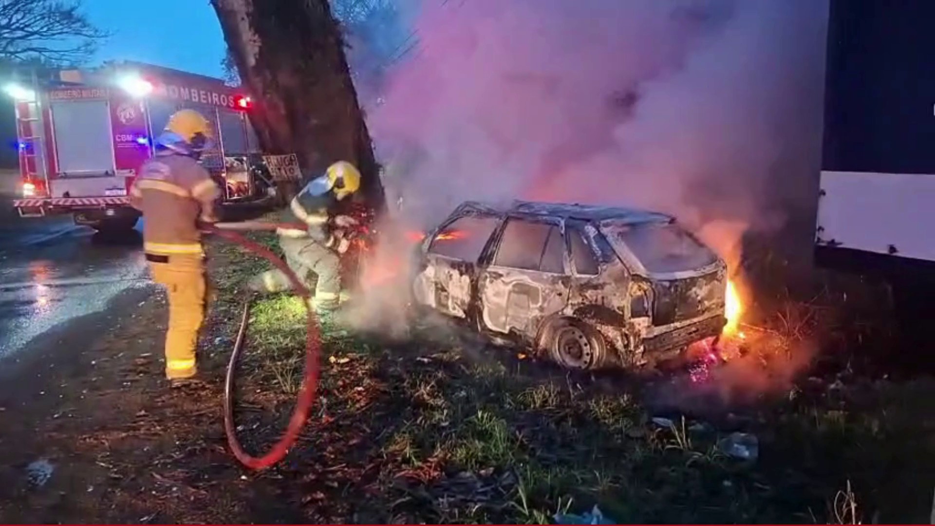 Carro bate em árvore e pega fogo em Viamão; uma pessoa morreu 