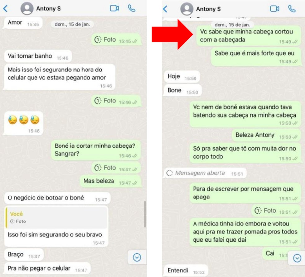 Mensagens mostram Gabriela acusando Antony de agressão — Foto: Arquivo pessoal